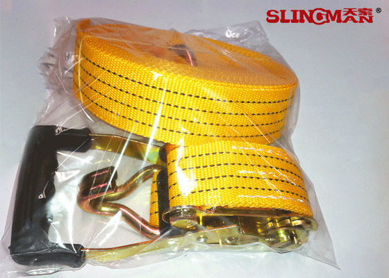Beli 50mm Polyester Ratchet Tie Down Tali Kuning Dengan Ratchet Dan Dua Double J Hook online manufacture